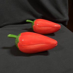 Red Chili Pepper Ceramic Salsa or Dip Serving Dishes with Spoons SET of 2